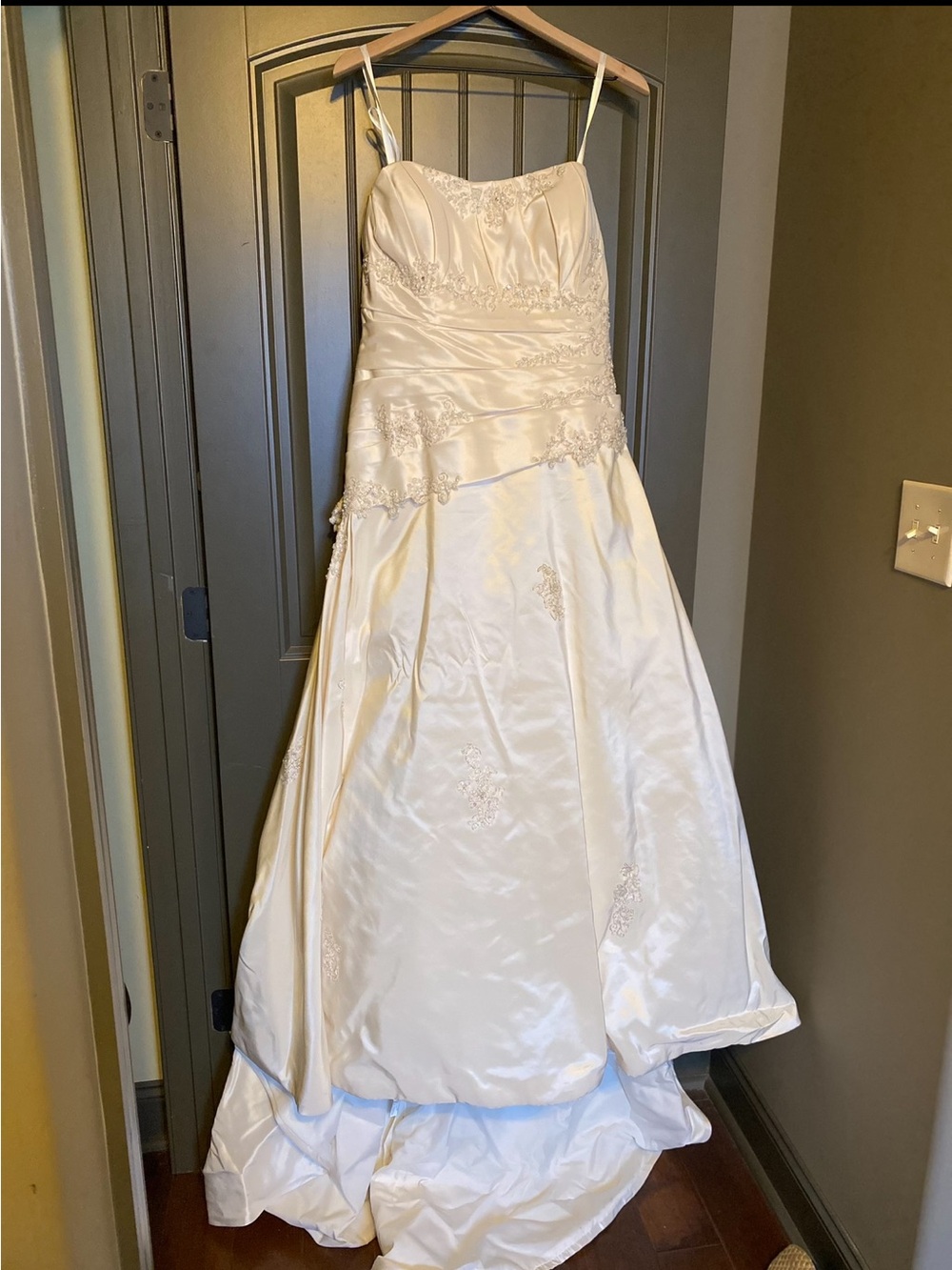 Ivory Satin Strapless Bridal Gown with Beaded Sequins Appliqué
